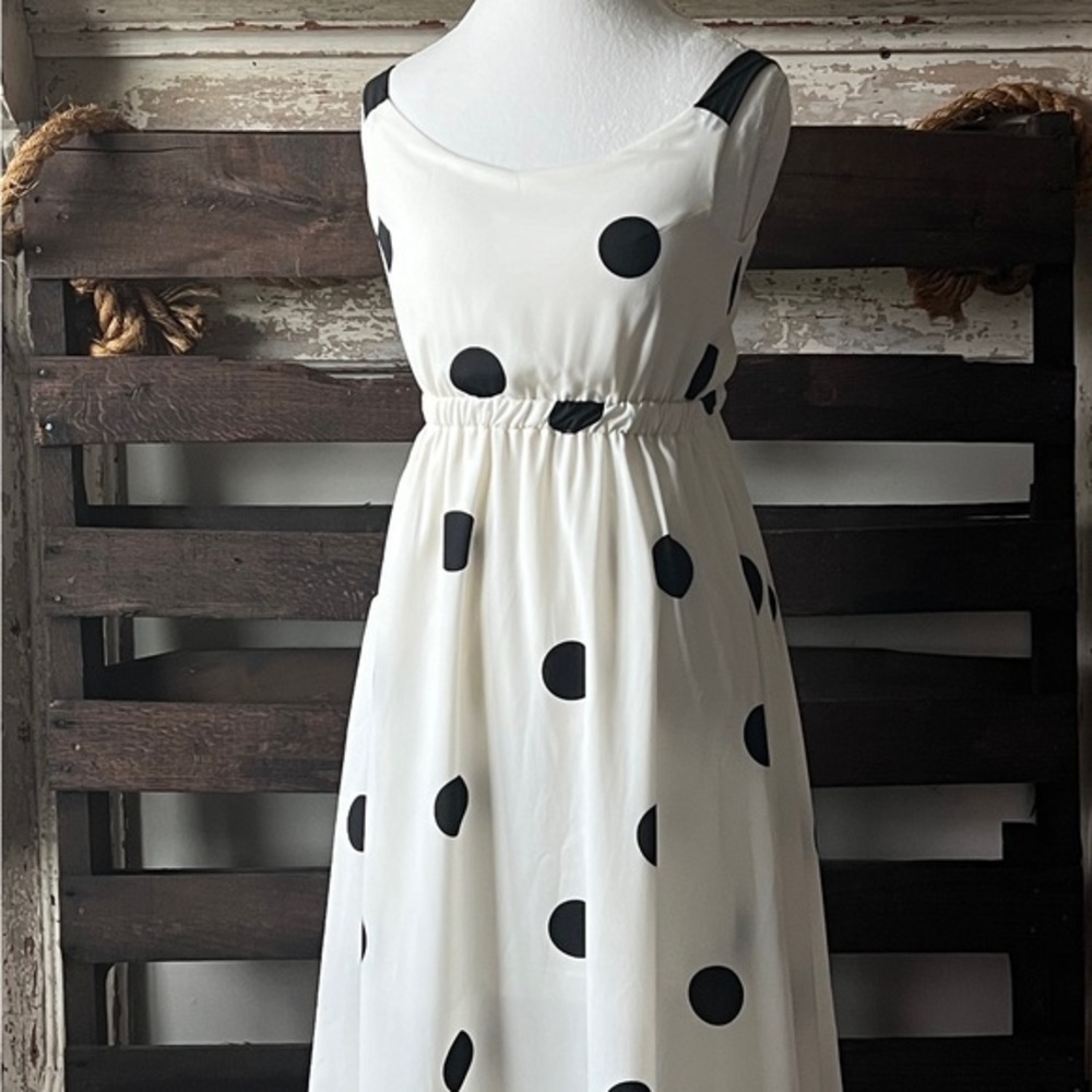 SHEIN Polka Dot Back-Tie Sleeveless Dress in White/Black SMALL
